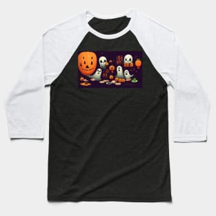 Cartoon Illustration of Ghosts and Pumpkins Surrounded by Food Baseball T-Shirt